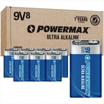 Powermax 8-COUNT 9V Batteries, Ultra Long Lasting Alkaline Count, Blue New. Price: $20.91.